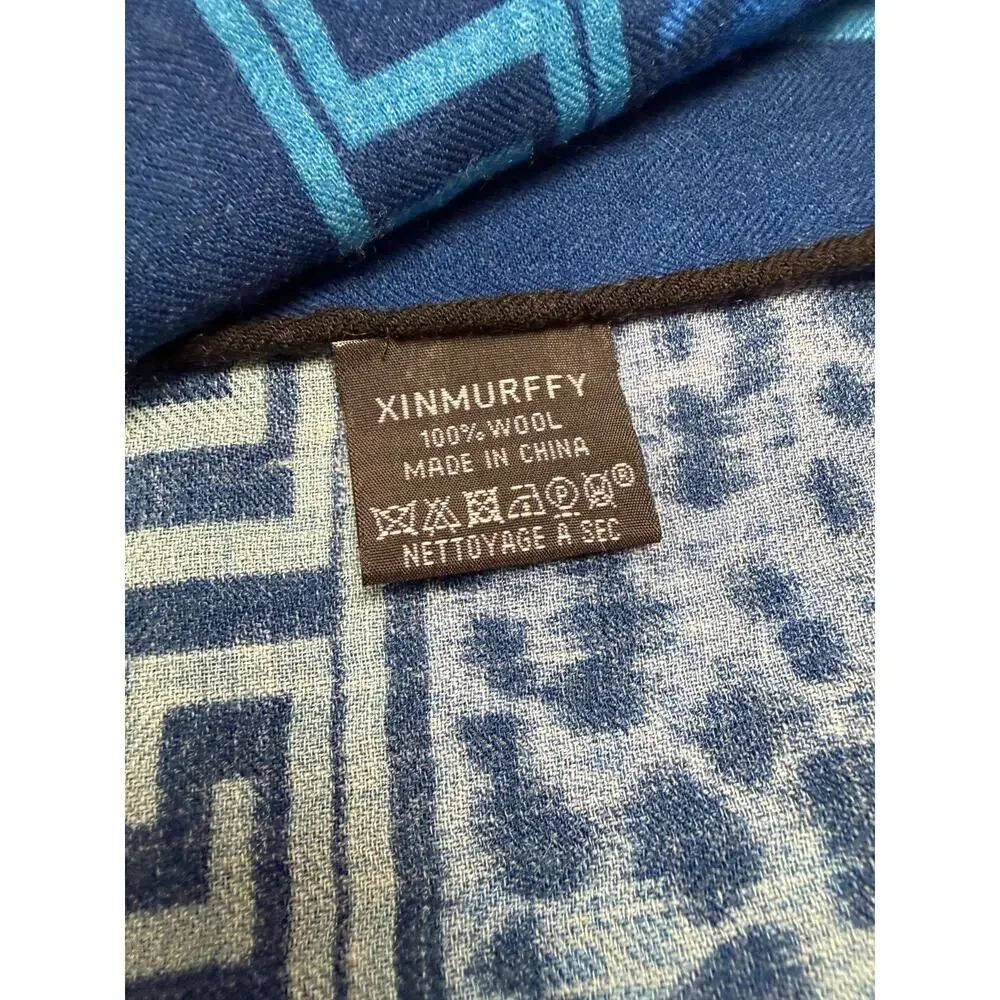 XINMURFFY 100% Wool Oversized Scarf Blue Gold Baroque Medallion Wrap Shawl